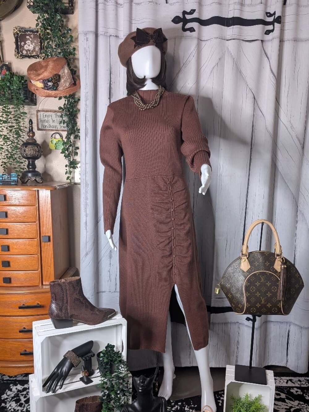 Nicole Miller Knit Midi Dress Brown LARGE NWOT